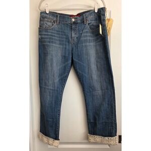 Lucky Brand Sienna Tomboy Straight Leg Lace Trim Denim Jeans Women Sz 14/32 Boho
